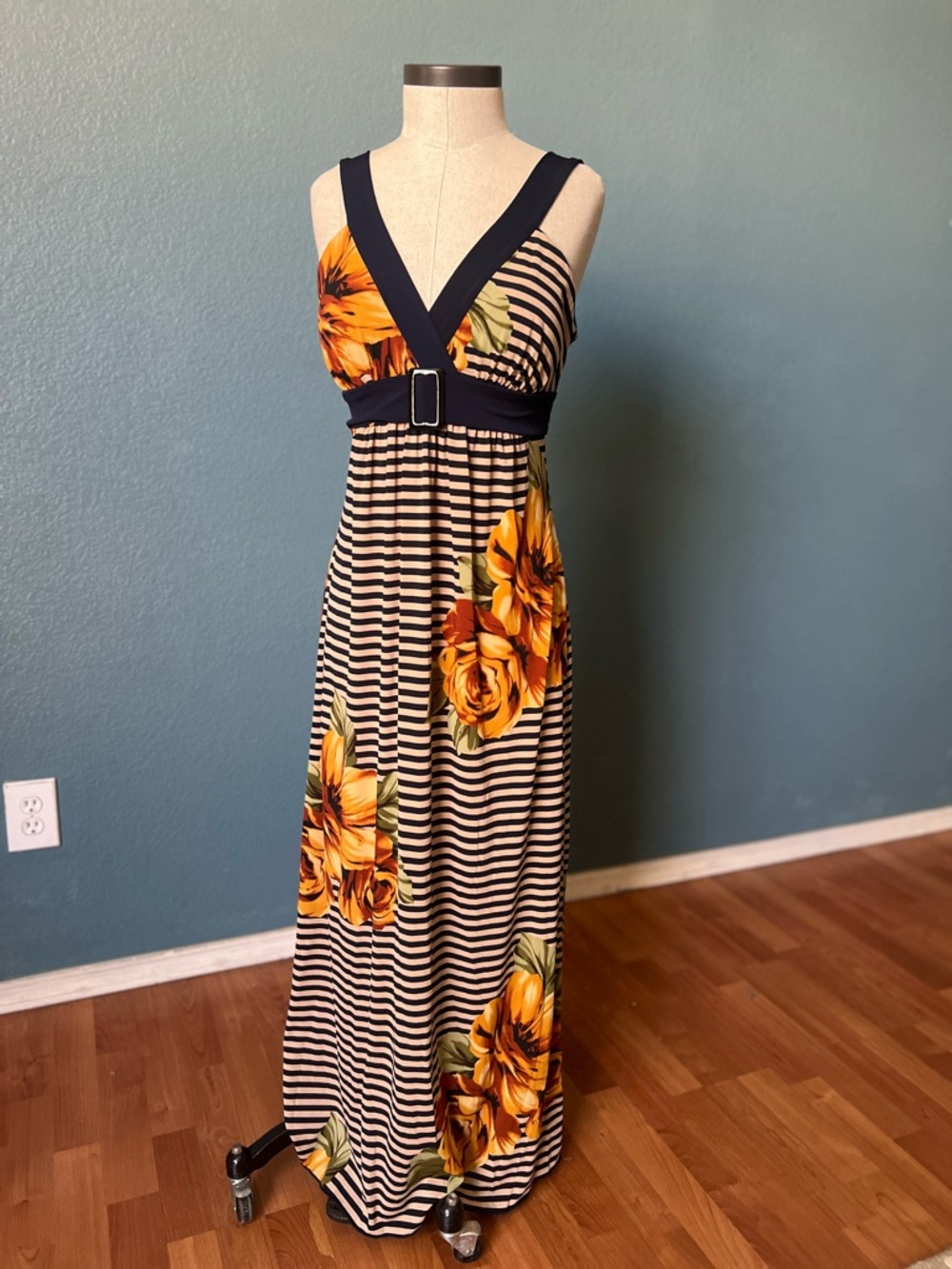 Women’s Enfocus Studio Navy and White‎ Striped Maxi with Yellow Floral Accents
